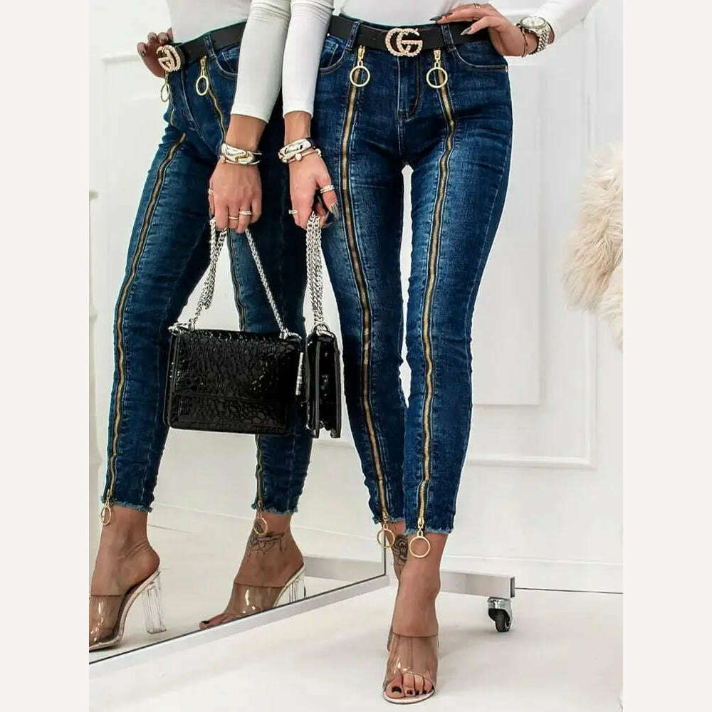 KIMLUD, Fashion Women Casual Slim Fit Trousers High Waist Pocket Design Pants O-Ring Zipper Decor Skinny Jeans Without Belt, KIMLUD Womens Clothes