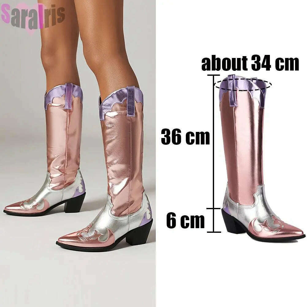 KIMLUD, Fashion Women Cowboy Boots For Women Chunky Heels Metal Colorful Cowgirl Western Mid Calf Boots Woman Vintage Shoes Plus Size, KIMLUD Womens Clothes