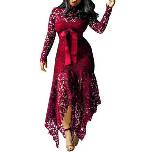 KIMLUD, Fashion Women Dress Long Sleeve Bow Belted Irregular Hem Hollow Lace Sexy Bodycon Long Dresses Office Formal Dresses, Wine Red / XXXXL / United States, KIMLUD Women's Clothes