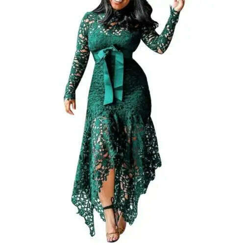 KIMLUD, Fashion Women Dress Long Sleeve Bow Belted Irregular Hem Hollow Lace Sexy Bodycon Long Dresses Office Formal Dresses, Green / XXXXL / United States, KIMLUD Womens Clothes