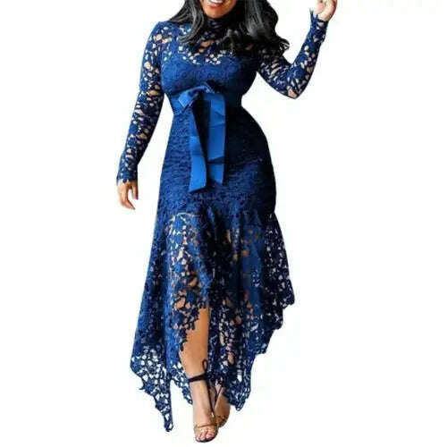 KIMLUD, Fashion Women Dress Long Sleeve Bow Belted Irregular Hem Hollow Lace Sexy Bodycon Long Dresses Office Formal Dresses, Blue / XXXXL / United States, KIMLUD Womens Clothes