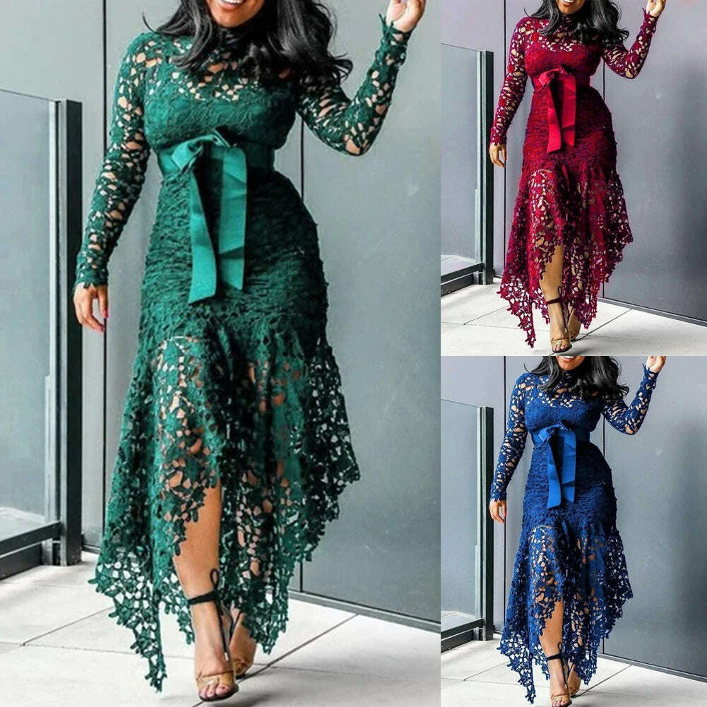 KIMLUD, Fashion Women Dress Long Sleeve Bow Belted Irregular Hem Hollow Lace Sexy Bodycon Long Dresses Office Formal Dresses, KIMLUD Womens Clothes