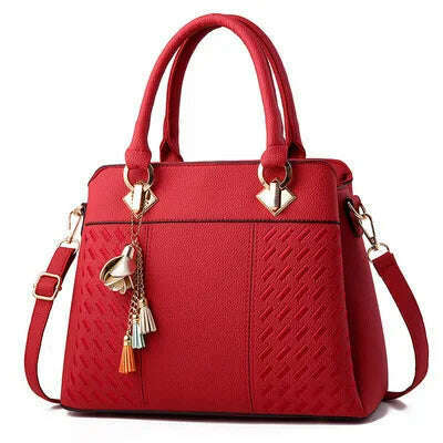 KIMLUD, Fashion Women Handbags Tassel PU Leather Totes Bag Top-handle Embroidery Crossbody Bag Shoulder Bag Lady Simple Style Hand Bags, wine red, KIMLUD Women's Clothes