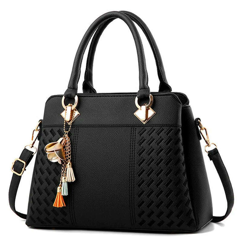 KIMLUD, Fashion Women Handbags Tassel PU Leather Totes Bag Top-handle Embroidery Crossbody Bag Shoulder Bag Lady Simple Style Hand Bags, black, KIMLUD APPAREL - Womens Clothes
