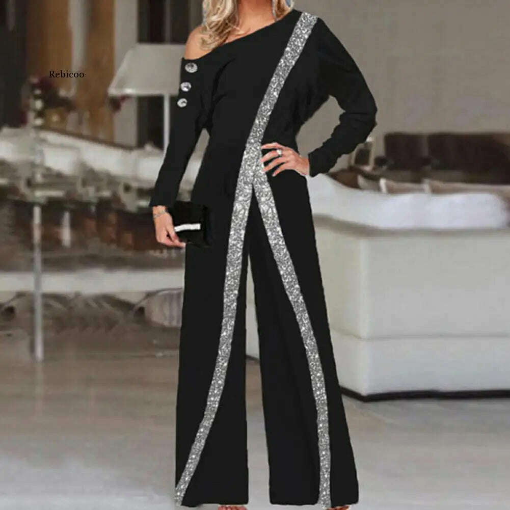 KIMLUD, Fashion Women Jumpsuit  Loose Soft Texture Trendy Romper  Decorative Striped Sequin Jumpsuit, KIMLUD Womens Clothes