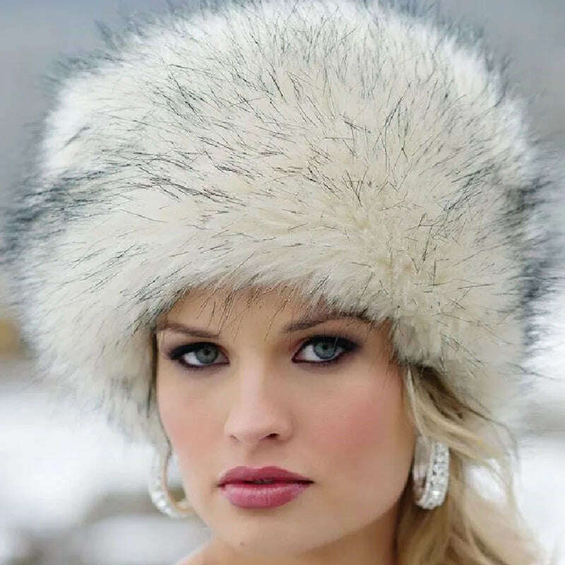 KIMLUD, Fashion Women Lady Faux Fox Fur Cossack Style Russian Winter Hats Warm Cap, KIMLUD Womens Clothes