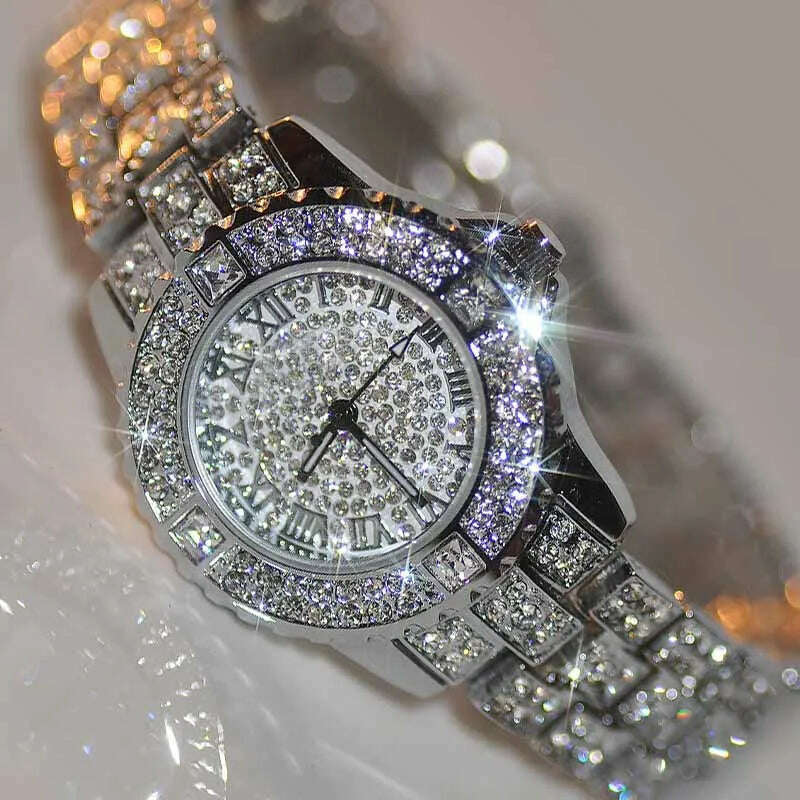 KIMLUD, Fashion Women Watch with Shiny Diamond Quartz Watch Ladies Luxury Brand Ladies Women Bracelet Crystal Watches Relogio Feminino, KIMLUD Women's Clothes