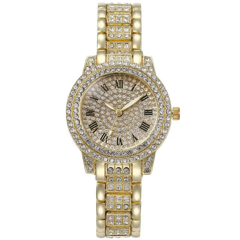 Fashion Women Watch with Shiny Diamond Quartz Watch Ladies Luxury Brand Ladies Women Bracelet Crystal Watches Relogio Feminino, Gold, KIMLUD Women's Clothes