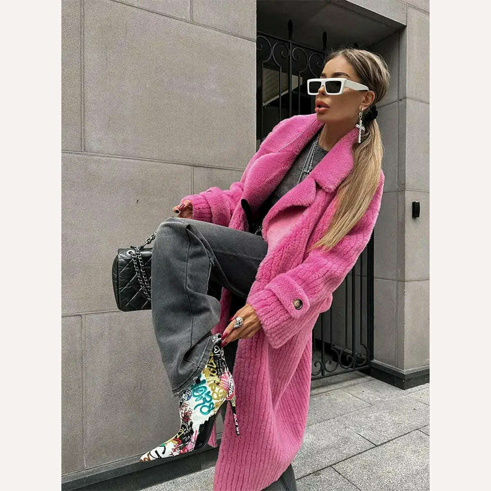 KIMLUD, Fashion Women Winter Fur Long Coats Loose Rose Red Lapel Long Sleeve OverCoat Thick Warm 2023 New Female Plush Outerwear Jackets, KIMLUD Womens Clothes