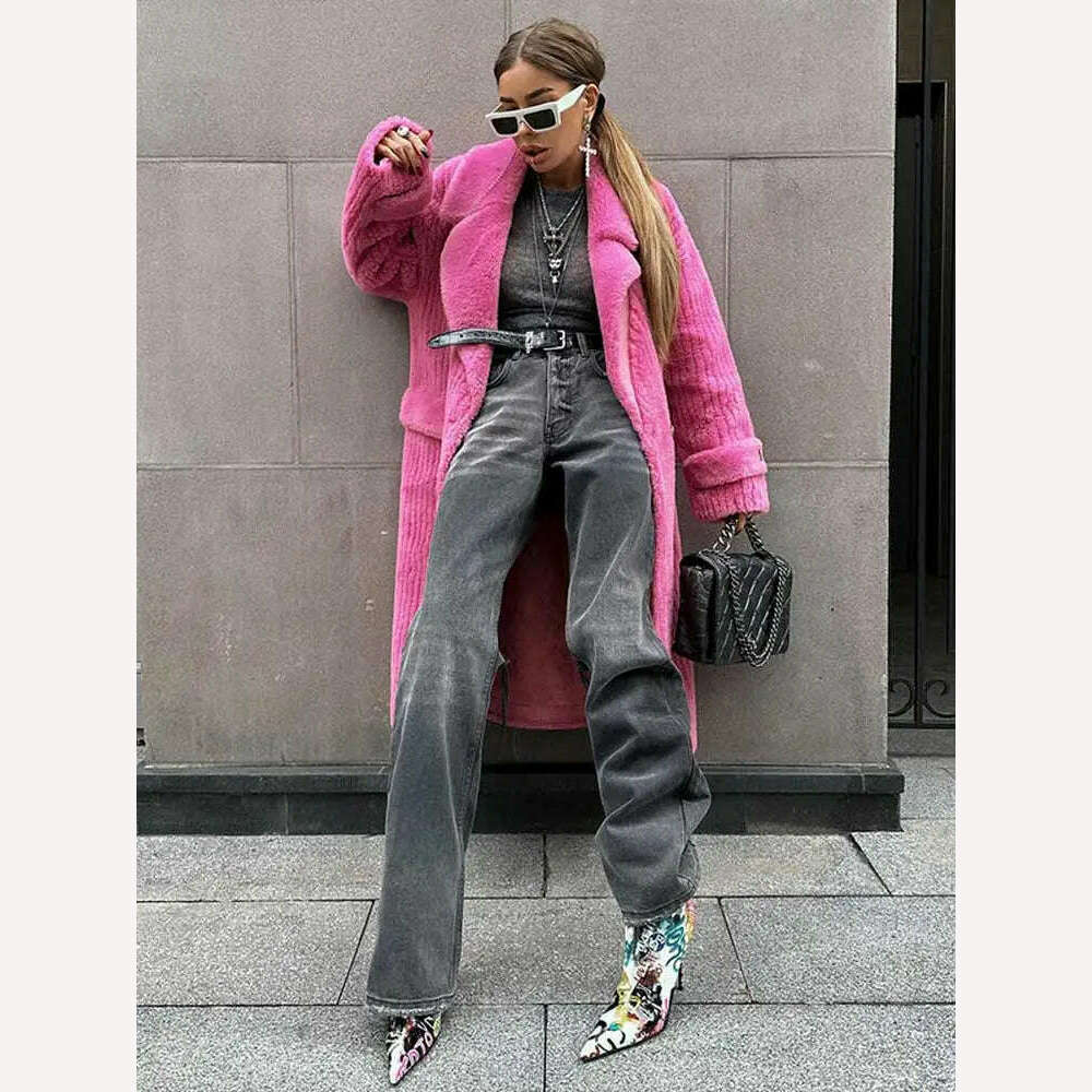 KIMLUD, Fashion Women Winter Fur Long Coats Loose Rose Red Lapel Long Sleeve OverCoat Thick Warm 2023 New Female Plush Outerwear Jackets, Pink 01 / S, KIMLUD APPAREL - Womens Clothes