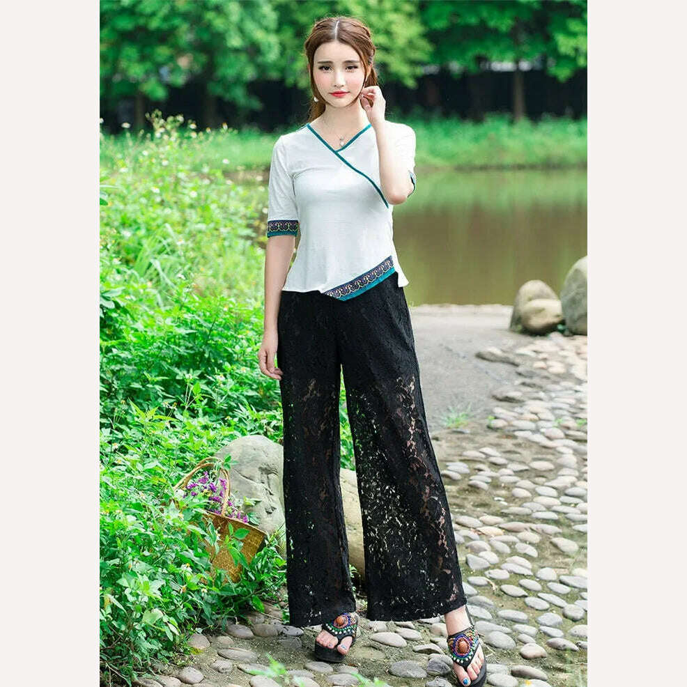 KIMLUD, Fashion Women's Wide-leg Pants 2023 Spring Summer New High Waist Lace Cutout Casual Straight Pants White Black Women Trousers, KIMLUD Womens Clothes