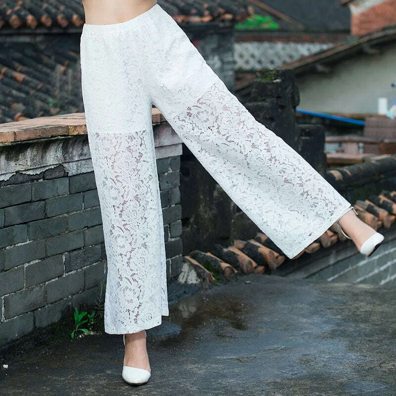 KIMLUD, Fashion Women's Wide-leg Pants 2023 Spring Summer New High Waist Lace Cutout Casual Straight Pants White Black Women Trousers, KIMLUD Womens Clothes
