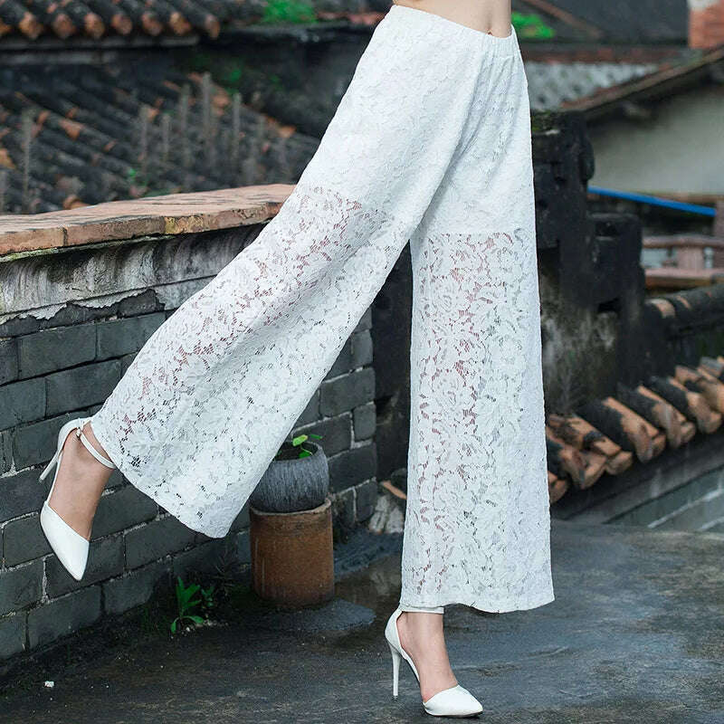 KIMLUD, Fashion Women's Wide-leg Pants 2023 Spring Summer New High Waist Lace Cutout Casual Straight Pants White Black Women Trousers, white / L, KIMLUD Womens Clothes