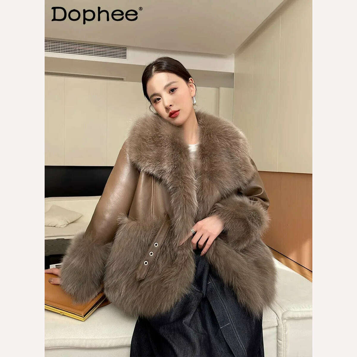 KIMLUD, Fashionable Fox Fur Large Lapel Collar Stitching Sheep Leather Jacket Female 2023 Winter New Mid-Length Young Women Furry Coat, KIMLUD Womens Clothes