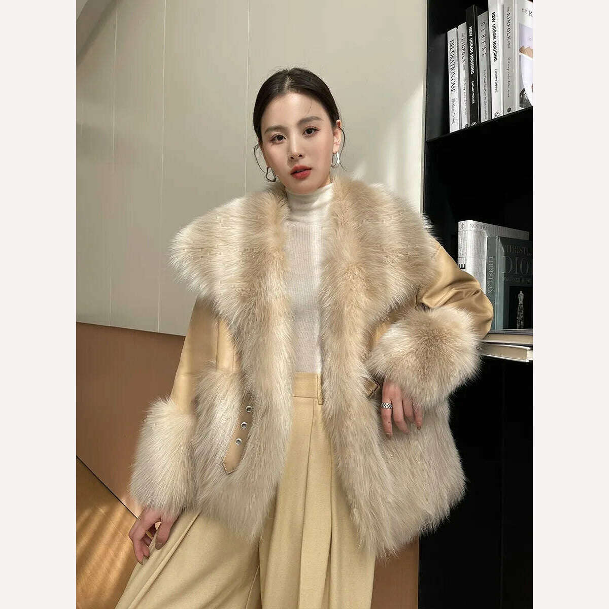 KIMLUD, Fashionable Fox Fur Large Lapel Collar Stitching Sheep Leather Jacket Female 2023 Winter New Mid-Length Young Women Furry Coat, KIMLUD Womens Clothes