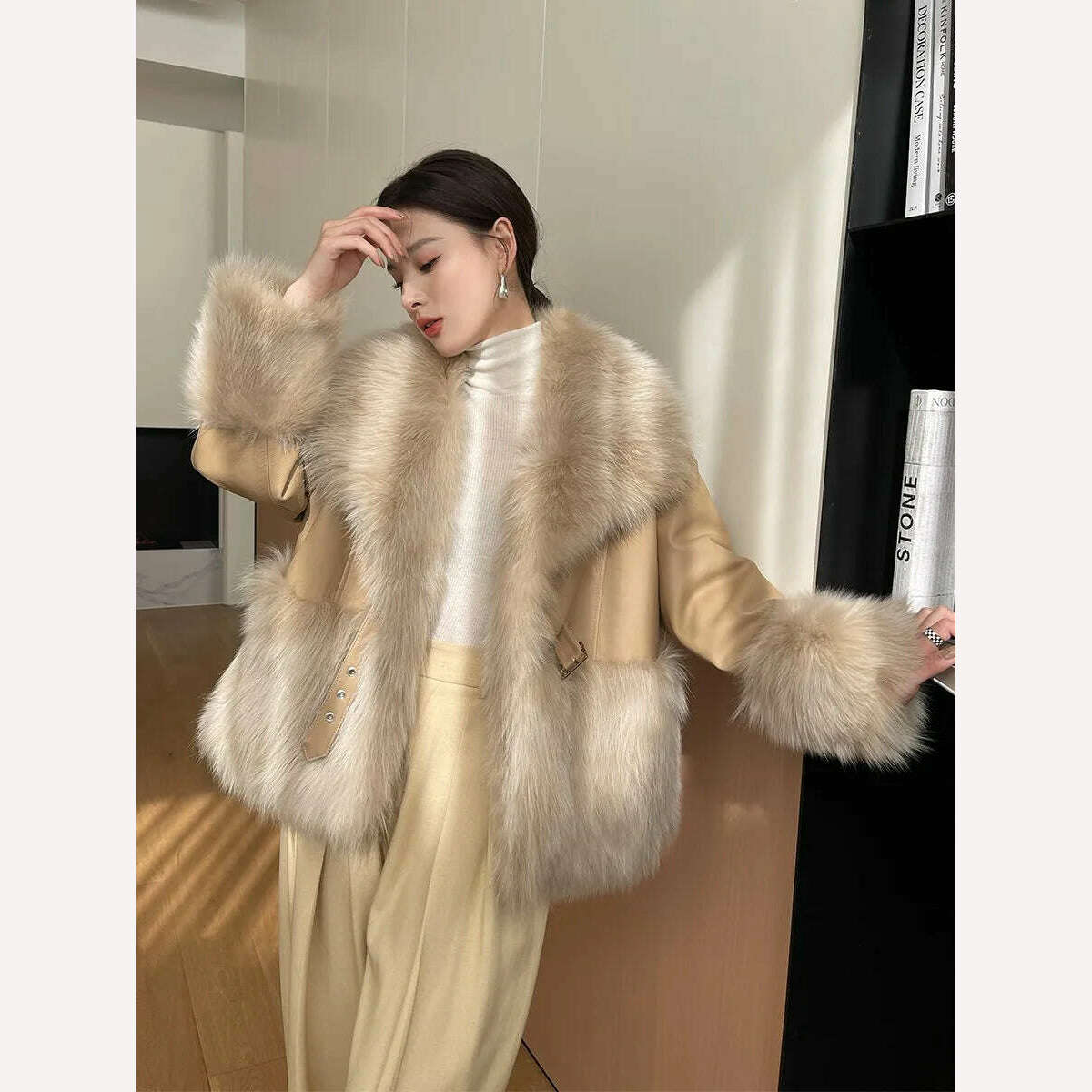 KIMLUD, Fashionable Fox Fur Large Lapel Collar Stitching Sheep Leather Jacket Female 2023 Winter New Mid-Length Young Women Furry Coat, KIMLUD Womens Clothes