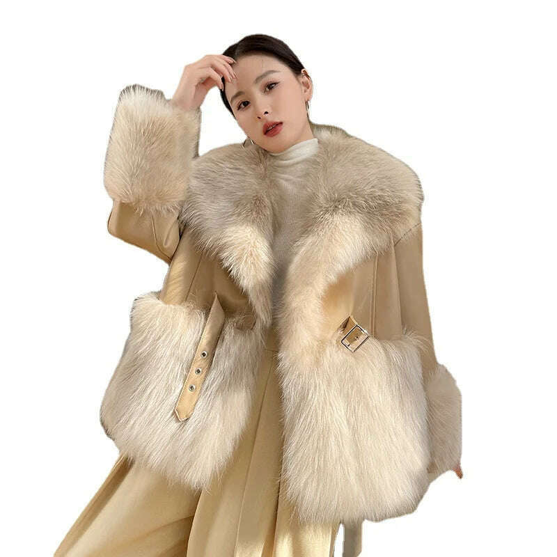 KIMLUD, Fashionable Fox Fur Large Lapel Collar Stitching Sheep Leather Jacket Female 2023 Winter New Mid-Length Young Women Furry Coat, KIMLUD Womens Clothes