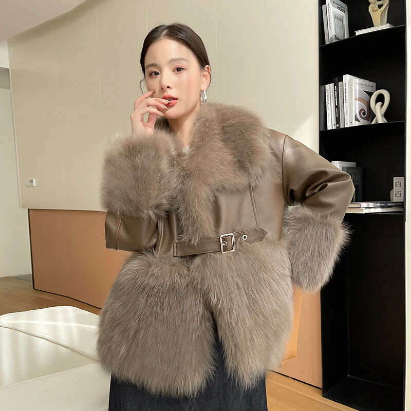 KIMLUD, Fashionable Fox Fur Large Lapel Collar Stitching Sheep Leather Jacket Female 2023 Winter New Mid-Length Young Women Furry Coat, KIMLUD Womens Clothes