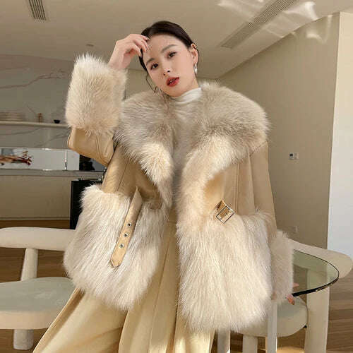 KIMLUD, Fashionable Fox Fur Large Lapel Collar Stitching Sheep Leather Jacket Female 2023 Winter New Mid-Length Young Women Furry Coat, Beige / S, KIMLUD APPAREL - Womens Clothes