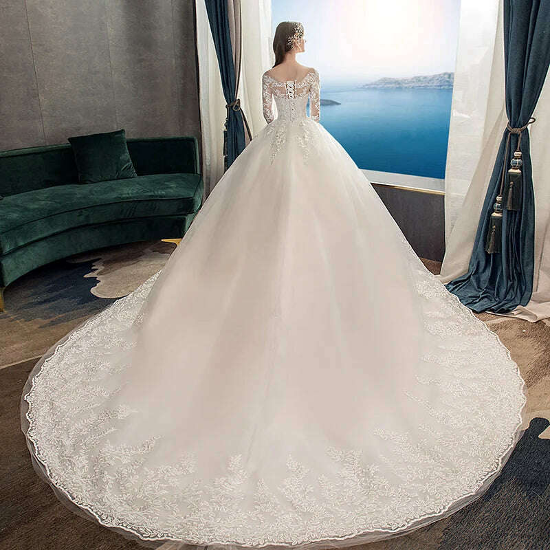 KIMLUD, Fasthion Elegant Luxury Appliques Lace Pluse Size Wedding Dress Full Sleeves Long Train Bride Gown Vestidos De Noiva, KIMLUD Womens Clothes