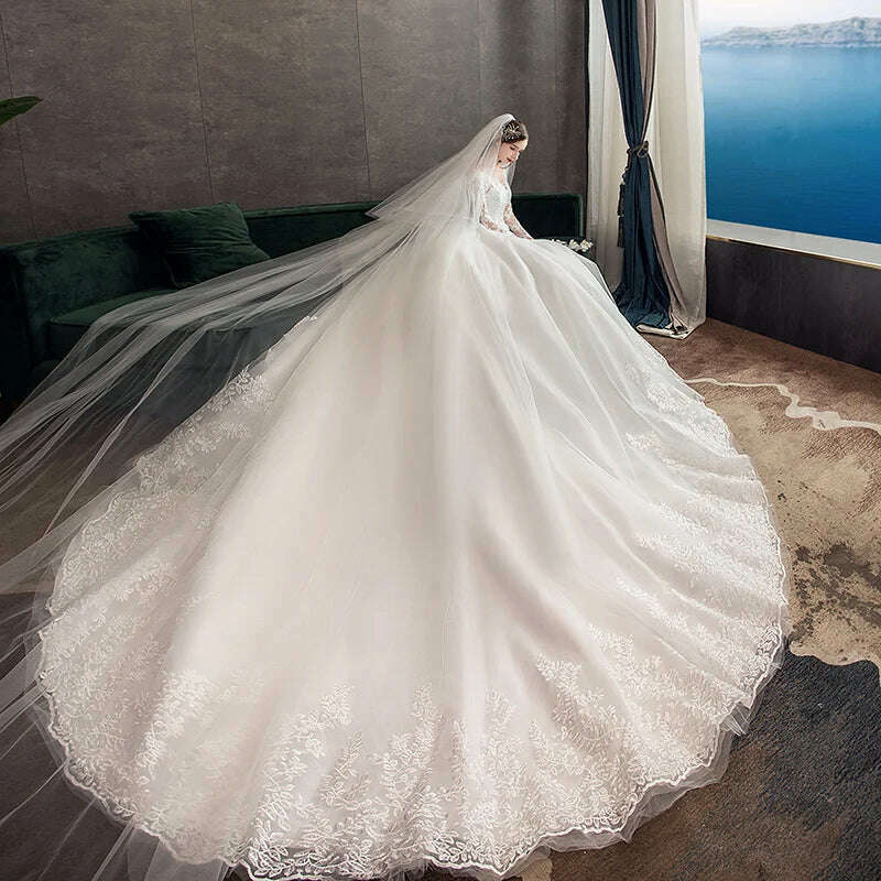 Fasthion Elegant Luxury Appliques Lace Pluse Size Wedding Dress Full Sleeves Long Train Bride Gown Vestidos De Noiva - KIMLUD