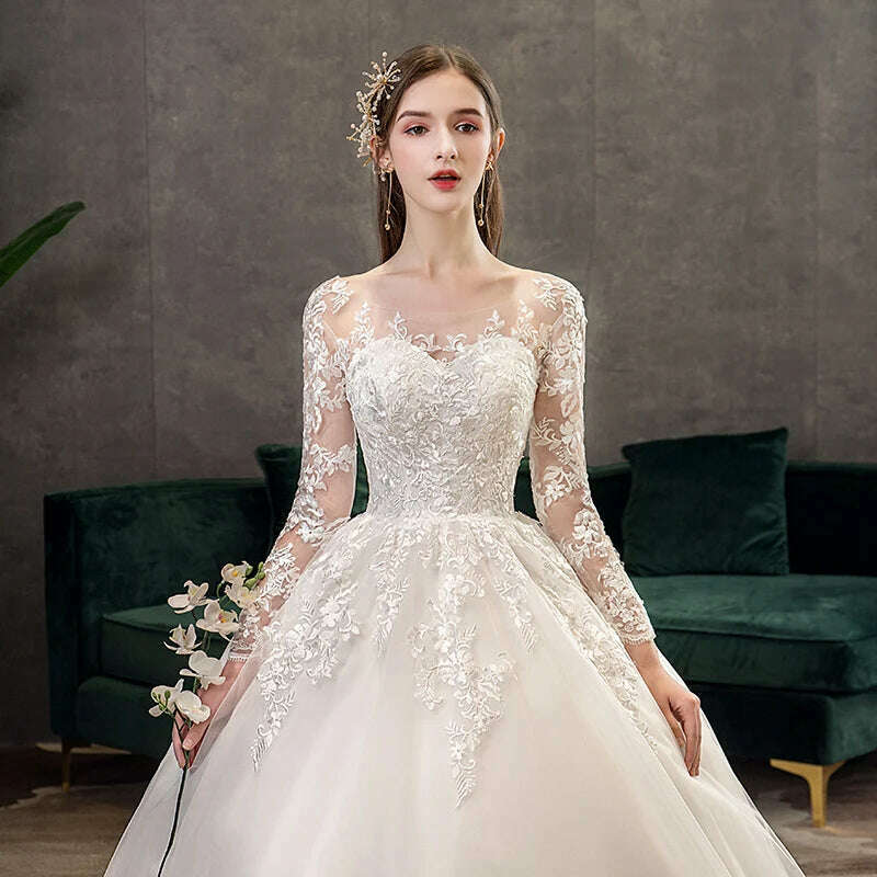 KIMLUD, Fasthion Elegant Luxury Appliques Lace Pluse Size Wedding Dress Full Sleeves Long Train Bride Gown Vestidos De Noiva, KIMLUD Womens Clothes