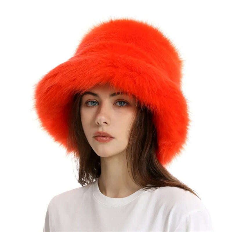 KIMLUD, Faux Fur Hat Women's Elegant Autumn and Winter Fur Fisherman Hat 2022 New Color Korean Senior Warm Bucket Hat, KIMLUD Womens Clothes