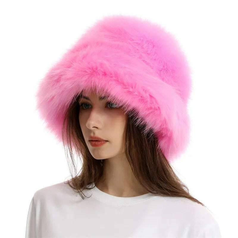KIMLUD, Faux Fur Hat Women's Elegant Autumn and Winter Fur Fisherman Hat 2022 New Color Korean Senior Warm Bucket Hat, KIMLUD Womens Clothes