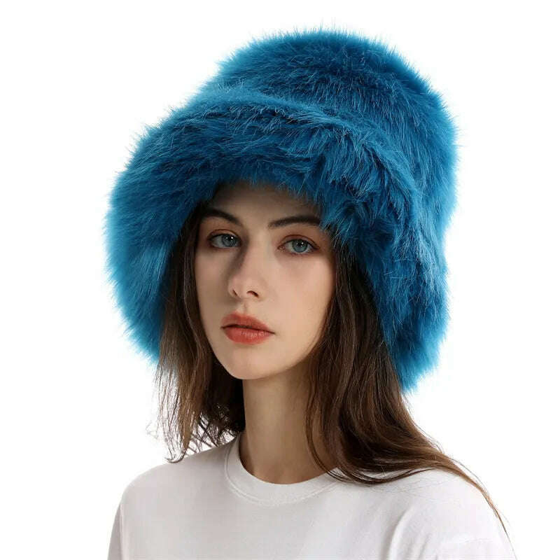 KIMLUD, Faux Fur Hat Women's Elegant Autumn and Winter Fur Fisherman Hat 2022 New Color Korean Senior Warm Bucket Hat, KIMLUD Womens Clothes