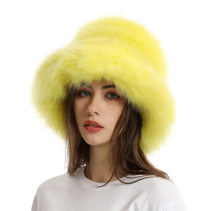 KIMLUD, Faux Fur Hat Women's Elegant Autumn and Winter Fur Fisherman Hat 2022 New Color Korean Senior Warm Bucket Hat, KIMLUD Women's Clothes