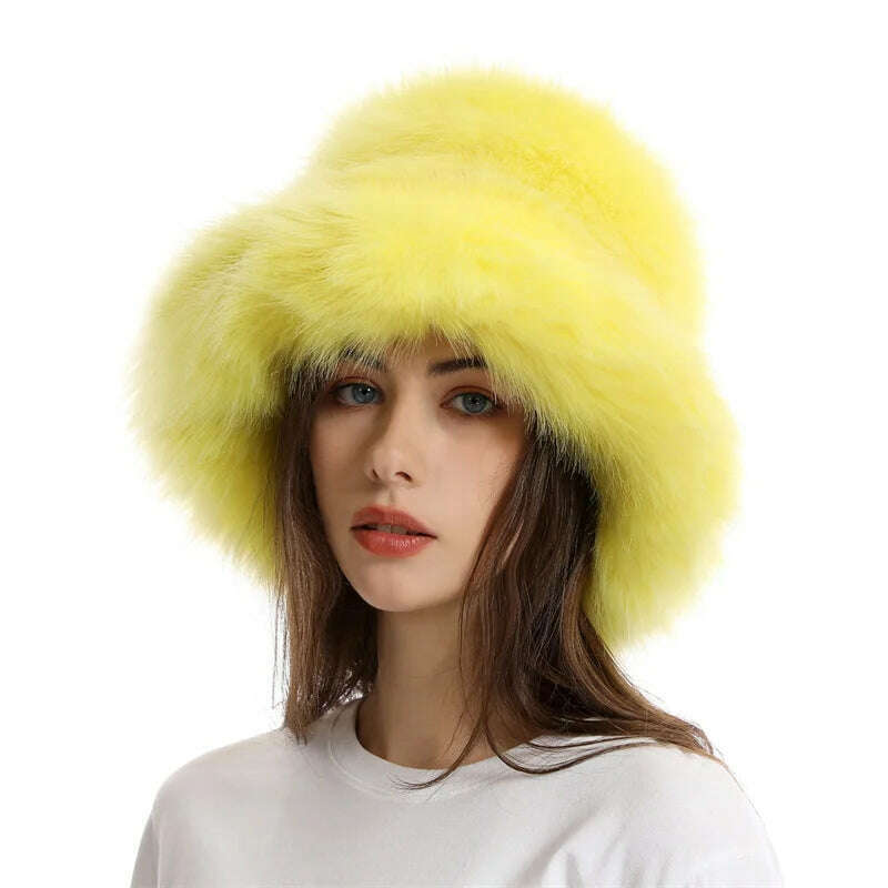 KIMLUD, Faux Fur Hat Women's Elegant Autumn and Winter Fur Fisherman Hat 2022 New Color Korean Senior Warm Bucket Hat, KIMLUD Womens Clothes