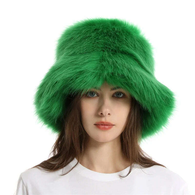 KIMLUD, Faux Fur Hat Women's Elegant Autumn and Winter Fur Fisherman Hat 2022 New Color Korean Senior Warm Bucket Hat, KIMLUD Womens Clothes