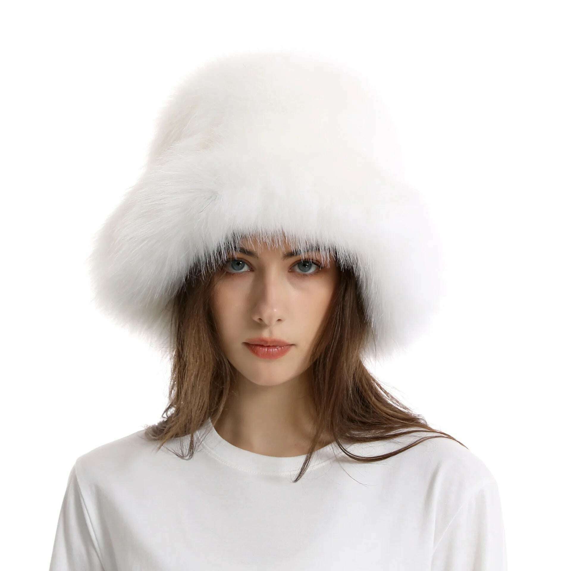 KIMLUD, Faux Fur Hat Women's Elegant Autumn and Winter Fur Fisherman Hat 2022 New Color Korean Senior Warm Bucket Hat, White / One Size, KIMLUD Women's Clothes