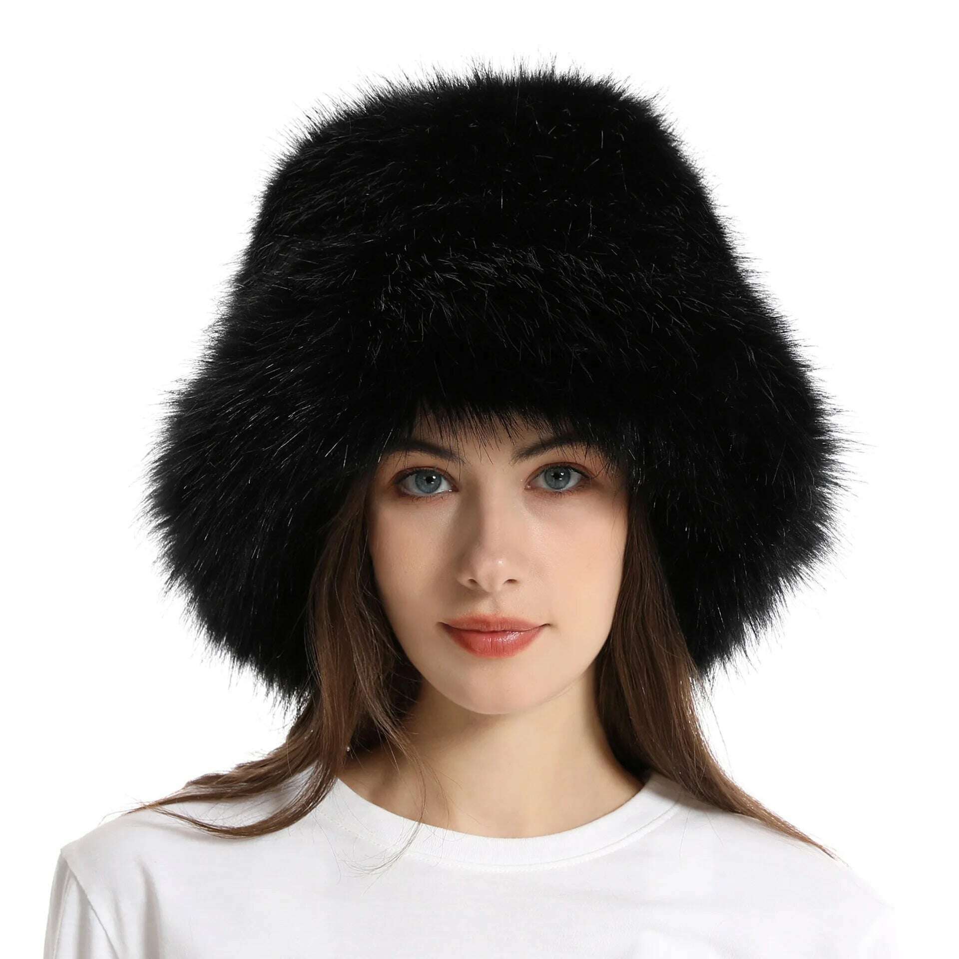 KIMLUD, Faux Fur Hat Women's Elegant Autumn and Winter Fur Fisherman Hat 2022 New Color Korean Senior Warm Bucket Hat, Black / One Size, KIMLUD Womens Clothes