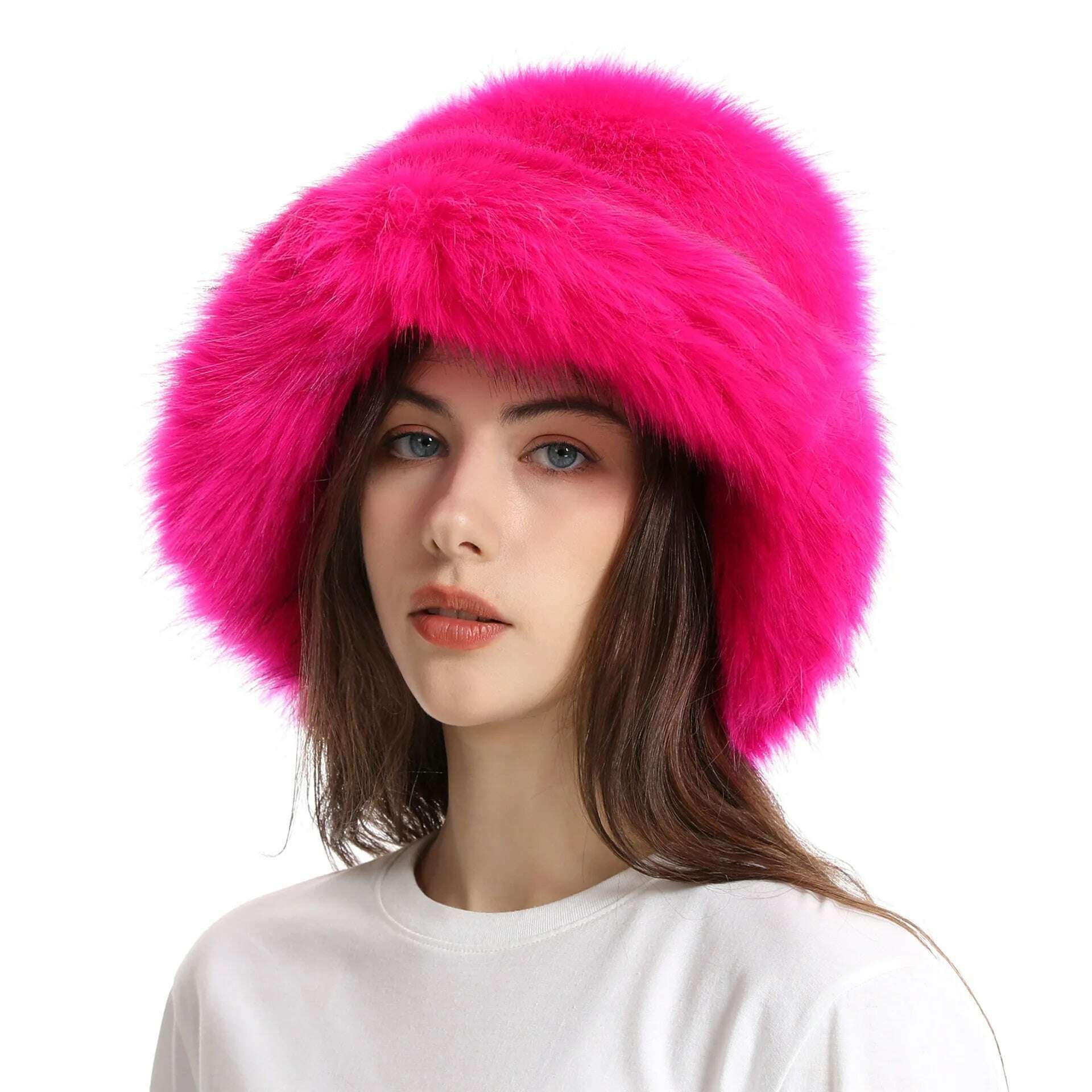 KIMLUD, Faux Fur Hat Women's Elegant Autumn and Winter Fur Fisherman Hat 2022 New Color Korean Senior Warm Bucket Hat, Rose Red / One Size, KIMLUD Women's Clothes