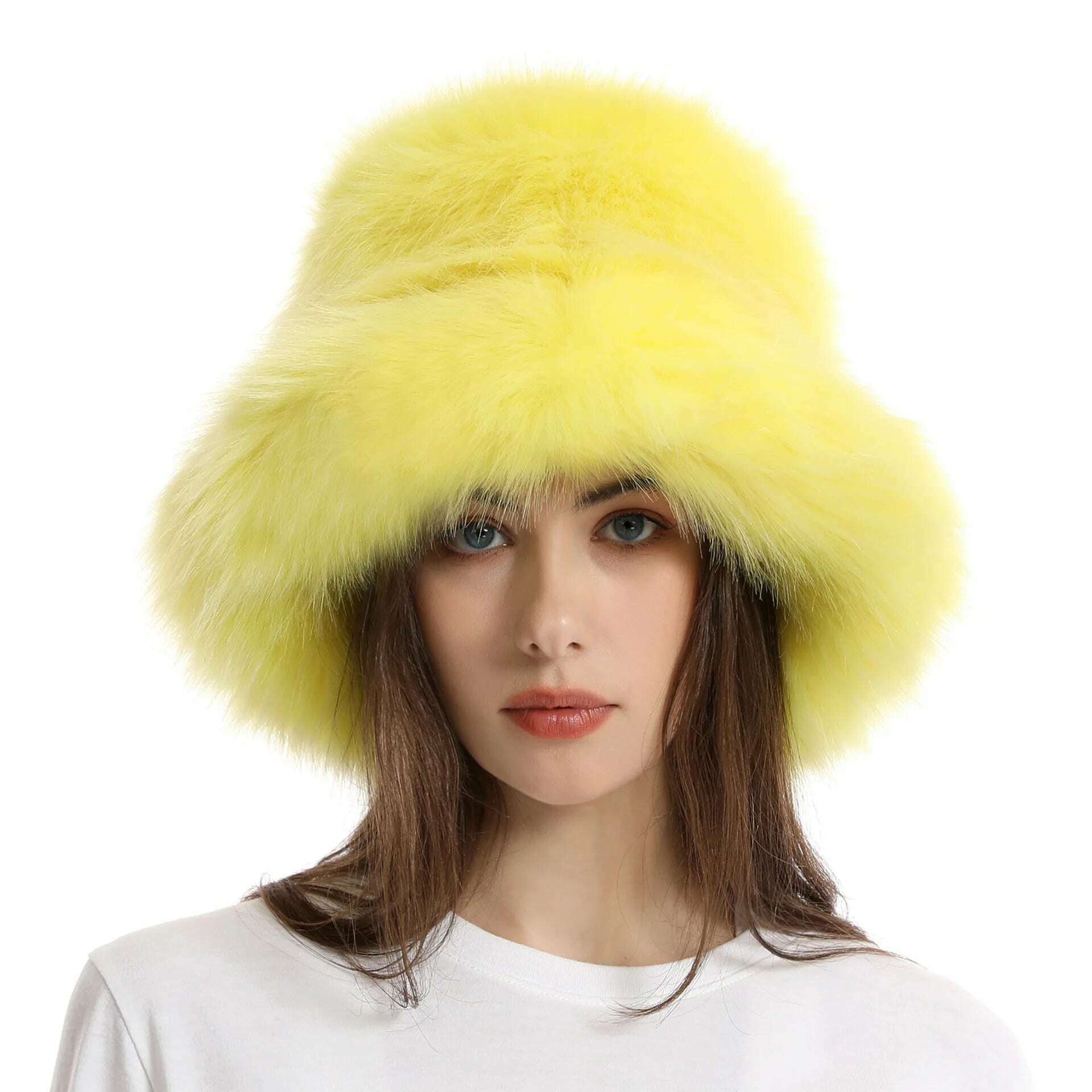 KIMLUD, Faux Fur Hat Women's Elegant Autumn and Winter Fur Fisherman Hat 2022 New Color Korean Senior Warm Bucket Hat, Yellow / One Size, KIMLUD Women's Clothes