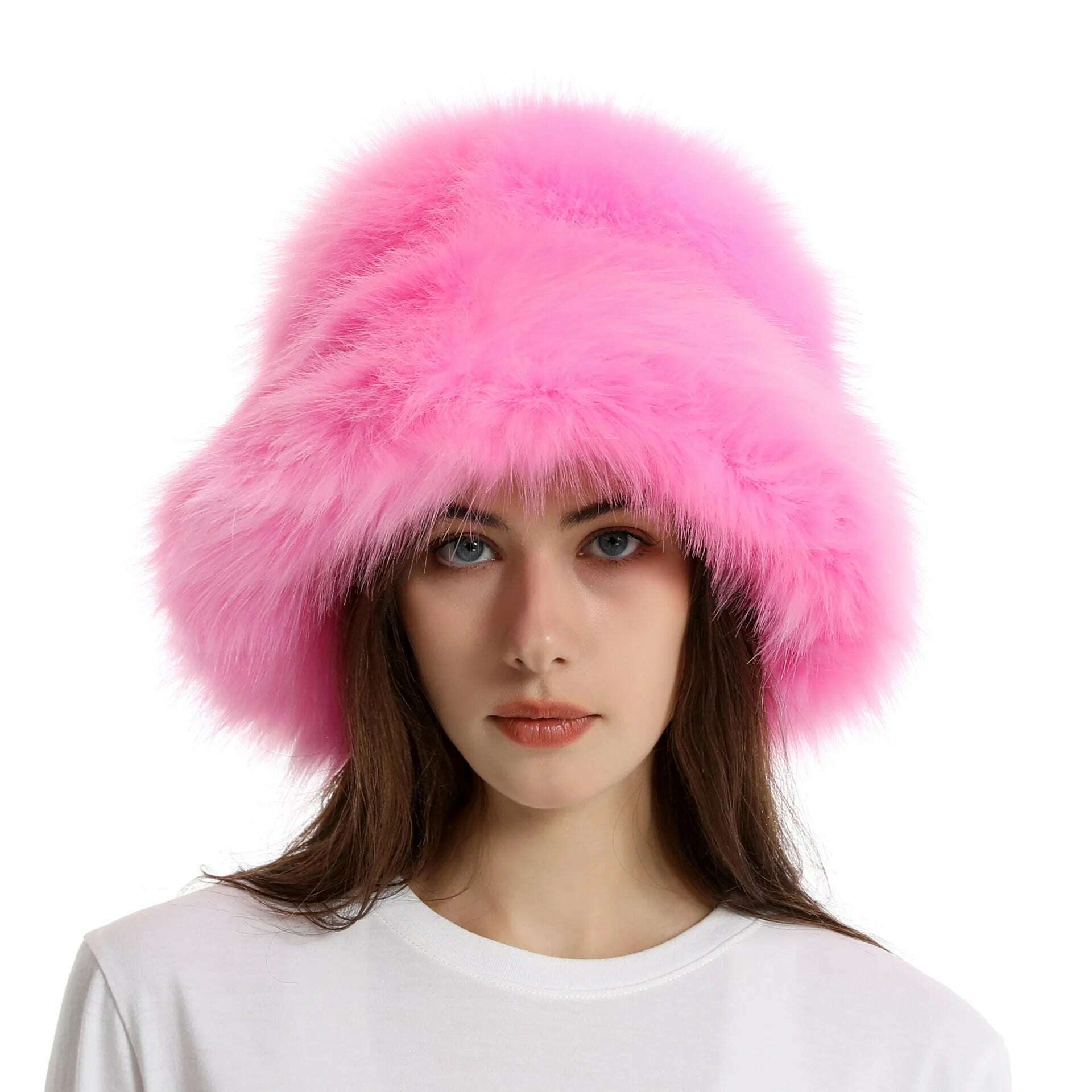KIMLUD, Faux Fur Hat Women's Elegant Autumn and Winter Fur Fisherman Hat 2022 New Color Korean Senior Warm Bucket Hat, Pink / One Size, KIMLUD Women's Clothes