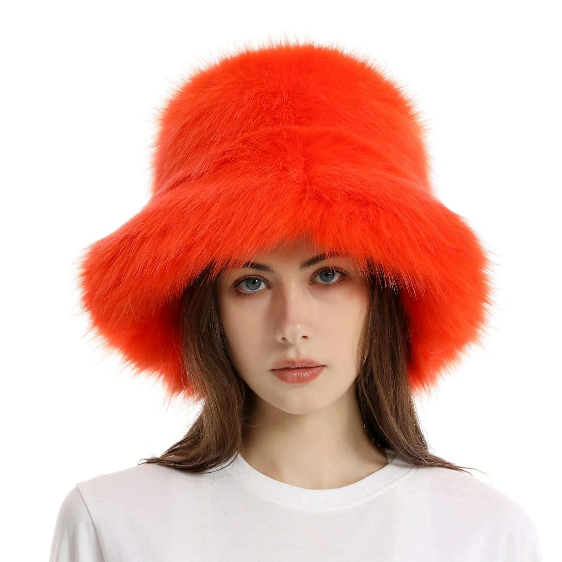 KIMLUD, Faux Fur Hat Women's Elegant Autumn and Winter Fur Fisherman Hat 2022 New Color Korean Senior Warm Bucket Hat, Orange / One Size, KIMLUD Women's Clothes