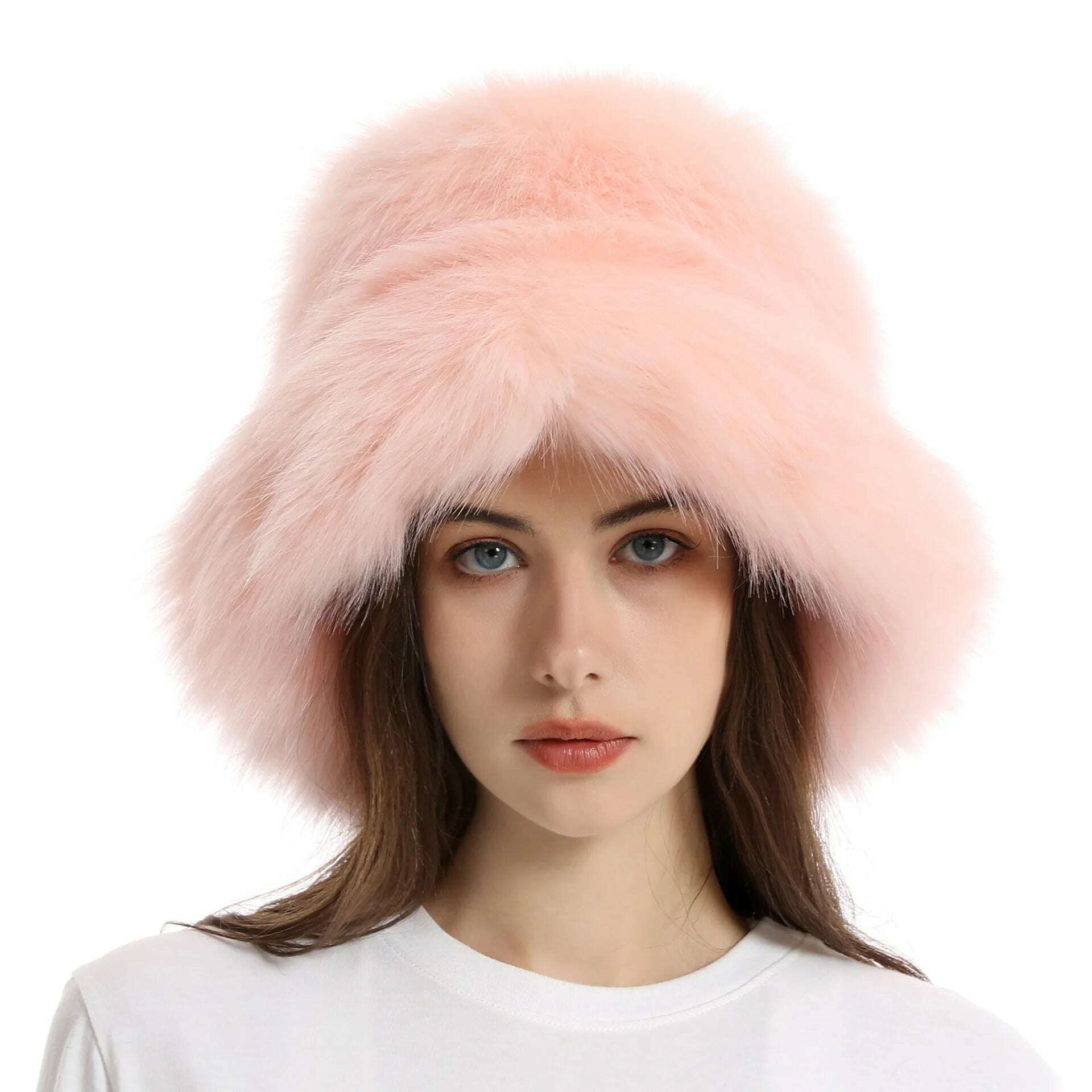 KIMLUD, Faux Fur Hat Women's Elegant Autumn and Winter Fur Fisherman Hat 2022 New Color Korean Senior Warm Bucket Hat, Light Pink / One Size, KIMLUD Women's Clothes