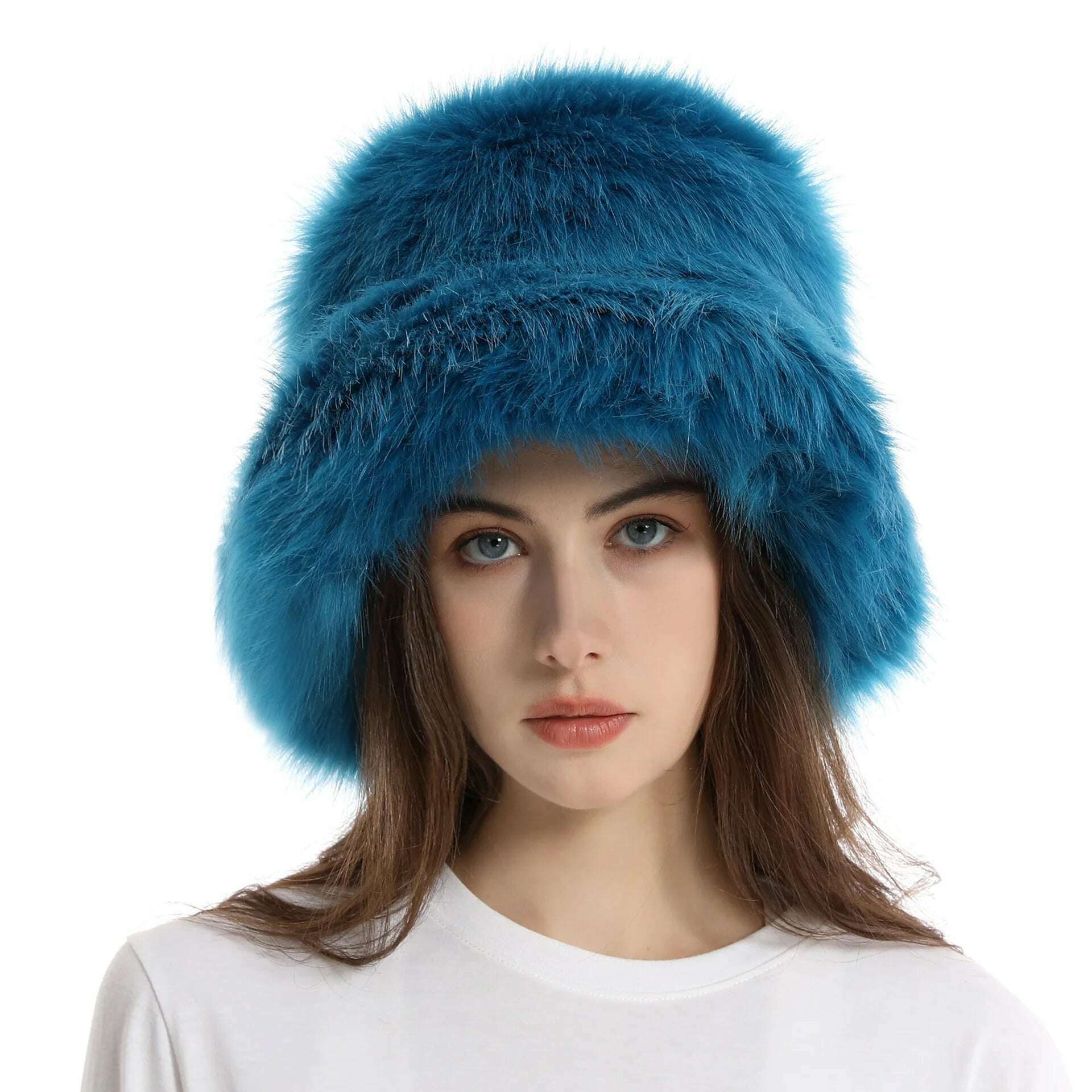 KIMLUD, Faux Fur Hat Women's Elegant Autumn and Winter Fur Fisherman Hat 2022 New Color Korean Senior Warm Bucket Hat, Blue / One Size, KIMLUD Women's Clothes