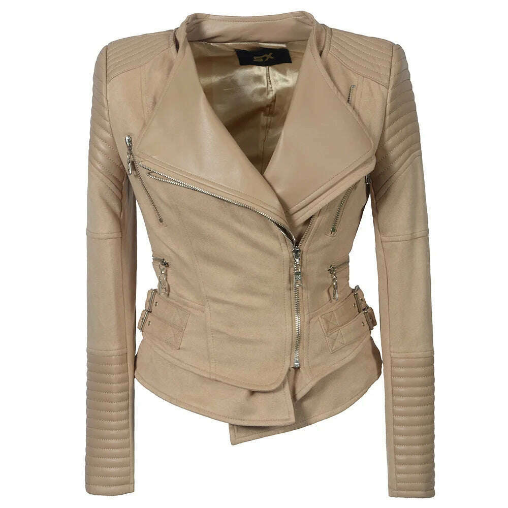 KIMLUD, Faux Leather PU Jacket Women Winter Autumn Fashion Motorcycle Jacket Black Faux Leather Coat Outerwear, Khaki / S, KIMLUD APPAREL - Womens Clothes