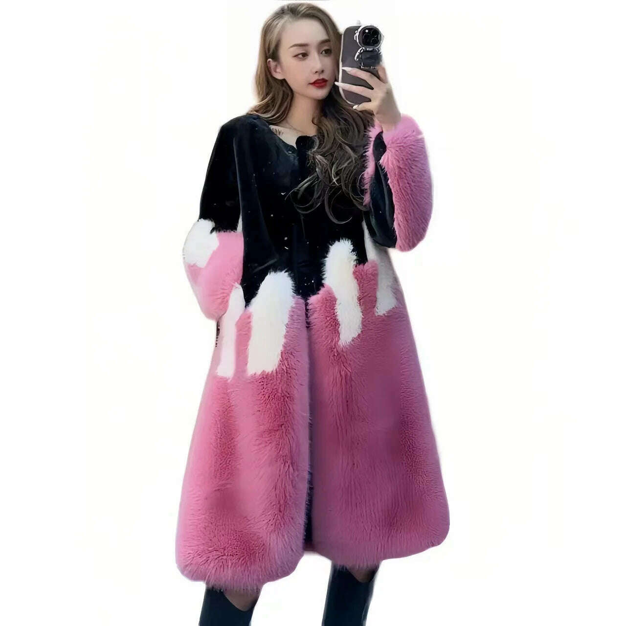 KIMLUD, Faux Mink Fur Coat for Women, Loose and Long, Spliced Single Contrasting Overcoat, Vintage Warm Jacket, Female Tops, New, Winte, KIMLUD Women's Clothes