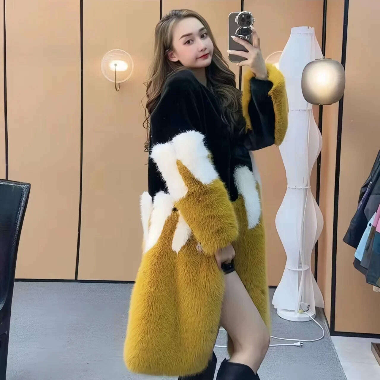 KIMLUD, Faux Mink Fur Coat for Women, Loose and Long, Spliced Single Contrasting Overcoat, Vintage Warm Jacket, Female Tops, New, Winte, KIMLUD Womens Clothes