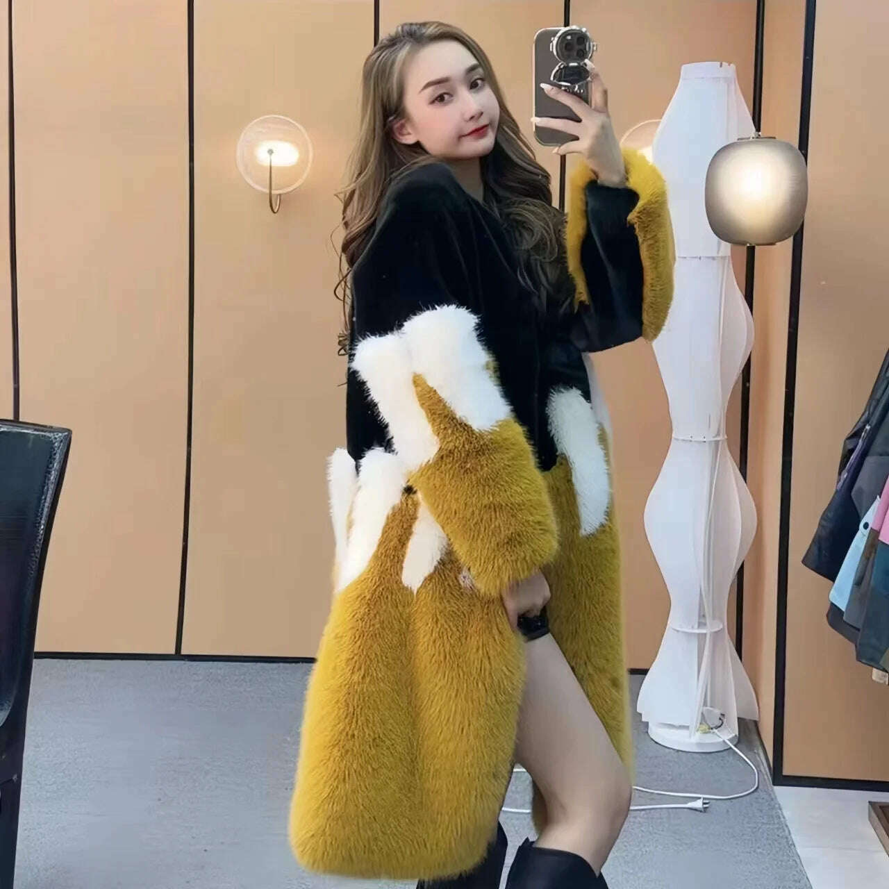 KIMLUD, Faux Mink Fur Coat for Women, Loose and Long, Spliced Single Contrasting Overcoat, Vintage Warm Jacket, Female Tops, New, Winte, Yellow / One Size, KIMLUD Women's Clothes