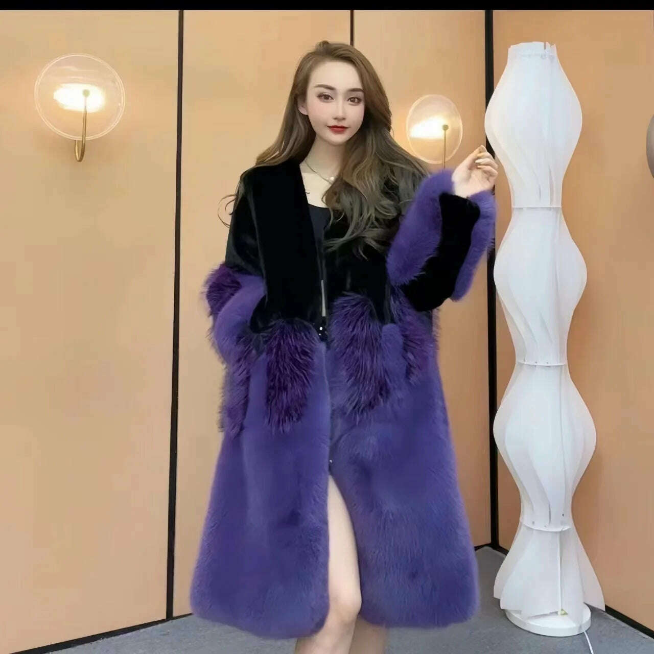 KIMLUD, Faux Mink Fur Coat for Women, Loose and Long, Spliced Single Contrasting Overcoat, Vintage Warm Jacket, Female Tops, New, Winte, PURPLE / One Size, KIMLUD Womens Clothes