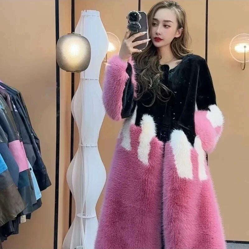 KIMLUD, Faux Mink Fur Coat for Women, Loose and Long, Spliced Single Contrasting Overcoat, Vintage Warm Jacket, Female Tops, New, Winte, KIMLUD Womens Clothes