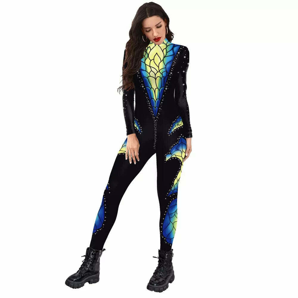 KIMLUD, FCCEXIO Crocodile Skin 3D Printed Holiday Party Women Jumpsuits New Fashion Sexy Jumpsuit Wear Cosplay Costume Catsuit Bodysuit, KIMLUD Womens Clothes