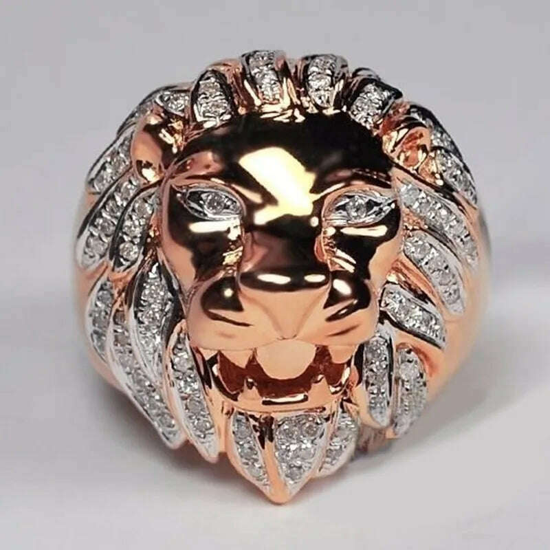 KIMLUD, FDLK  Punk Style Lion Head Personality Ring Mens Rose Gold Natural White Crystal Rings Wedding Engagement Band Jewelry Size 6-13, KIMLUD Womens Clothes