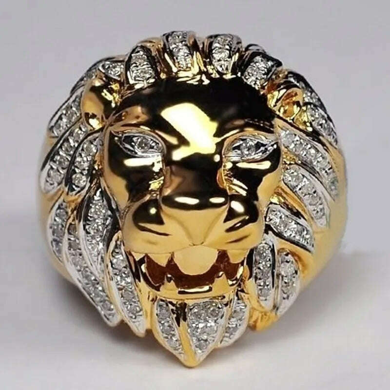 KIMLUD, FDLK  Punk Style Lion Head Personality Ring Mens Rose Gold Natural White Crystal Rings Wedding Engagement Band Jewelry Size 6-13, Gold / 10, KIMLUD APPAREL - Womens Clothes