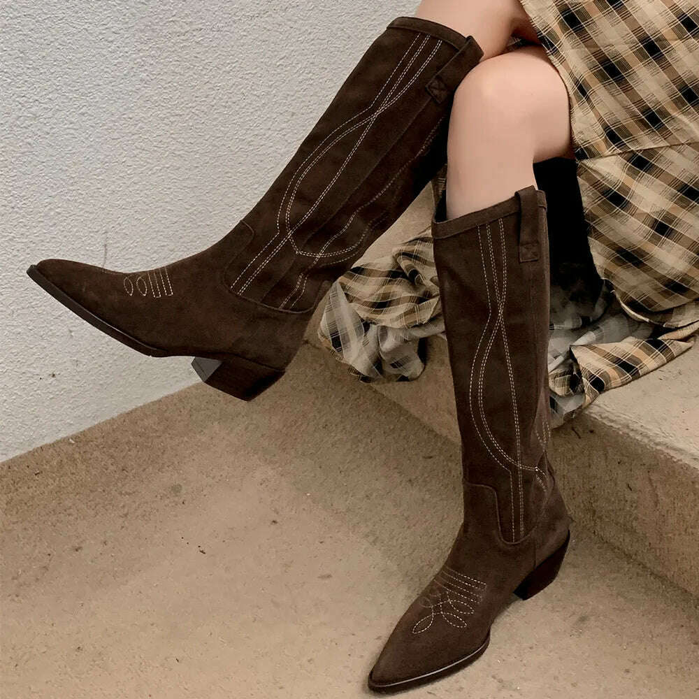 KIMLUD, FEDONAS Popular Western Women Knee-High Boots Cow Suede Leather High Quality Shoes Woman Pointed Toe Office Lady Autumn Winter, KIMLUD Womens Clothes